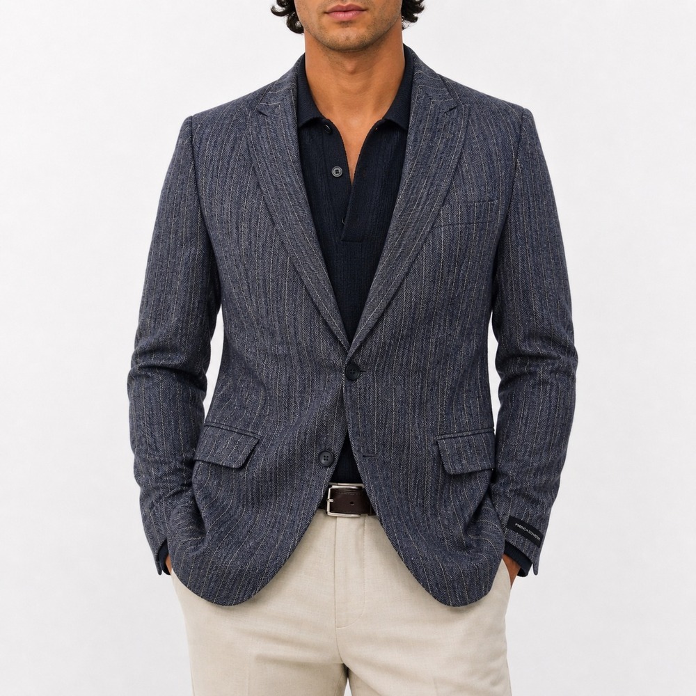 French Connection Blue Linen Blazer Mens 40R Pinstripe Peak Lapel Herringbone